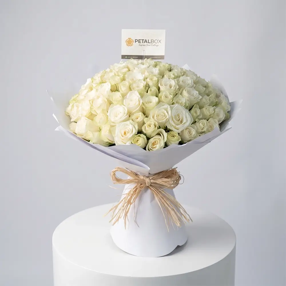 Luxury all white rose bouquet wrapped in elegant white paper with rustic raffia ribbon, featuring premium fresh roses in a timeless monochrome arrangement perfect for weddings, anniversaries, and sophisticated gifting.