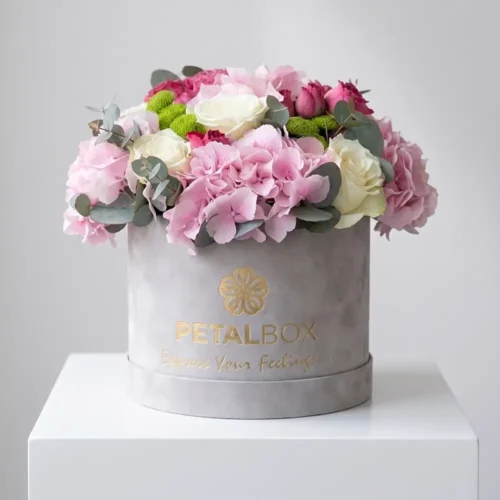 Luxury pink hydrangea and white rose flower box arrangement with green button chrysanthemums and eucalyptus in a premium velvet Petal Box for elegant gifting and special occasions.