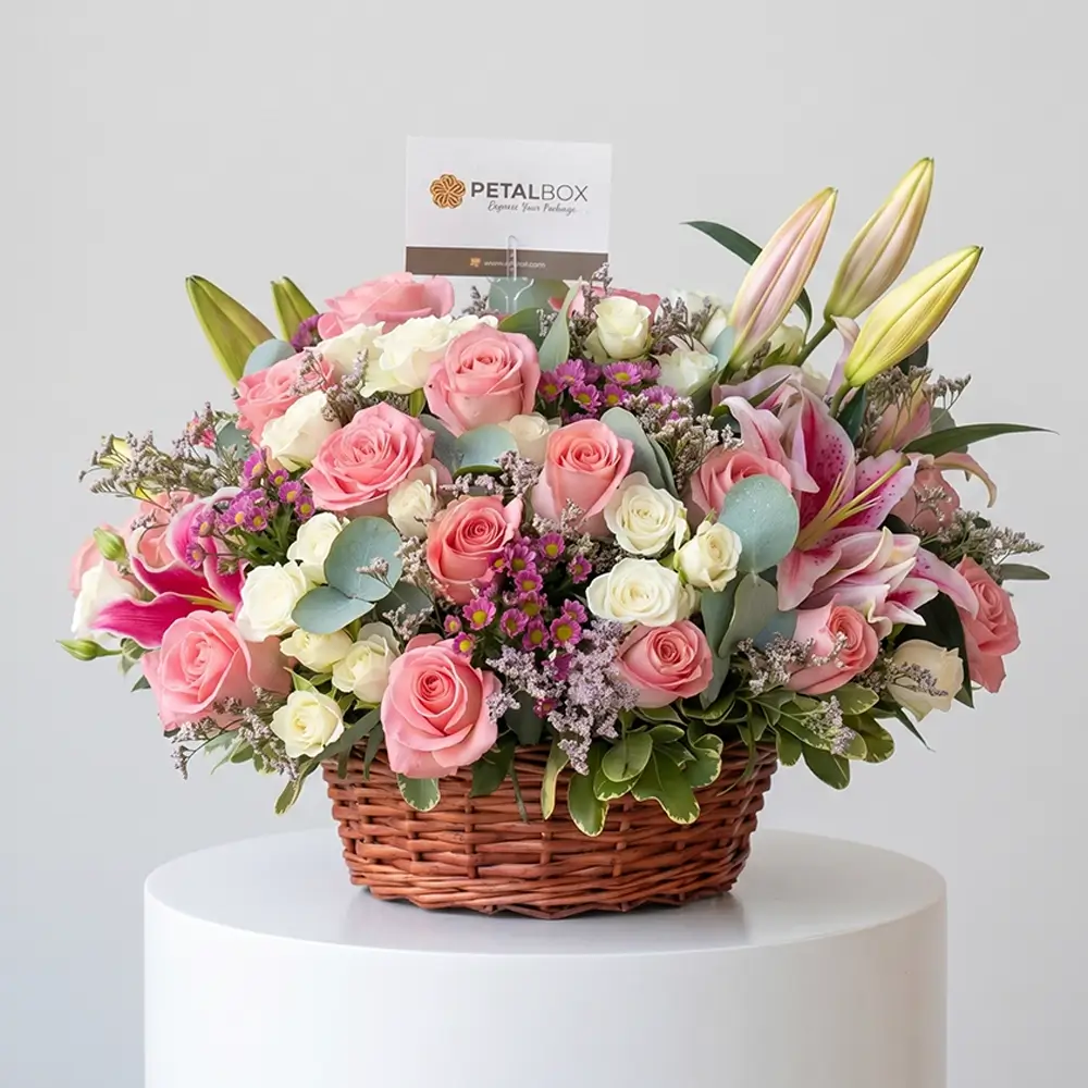Elegant pink lily and rose basket arrangement with fresh blush roses, white spray roses, blooming oriental lilies, and seasonal fillers in a rustic woven basket.