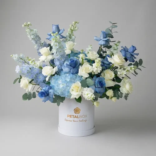 Petal Box blue and white luxury flower arrangement with roses and hydrangea in Abu Dhabi and Dubai, UAE