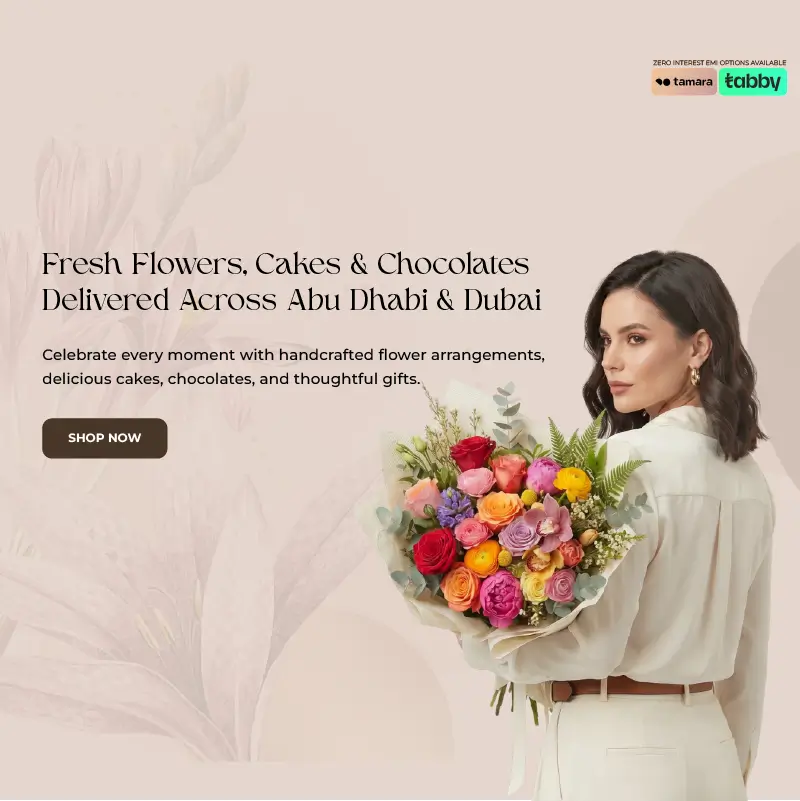 A Mobile banner showcasing fresh flowers, cakes, and chocolates delivered across Abu Dhabi and Dubai, featuring a woman holding a bouquet of roses and wearing a pink hat.