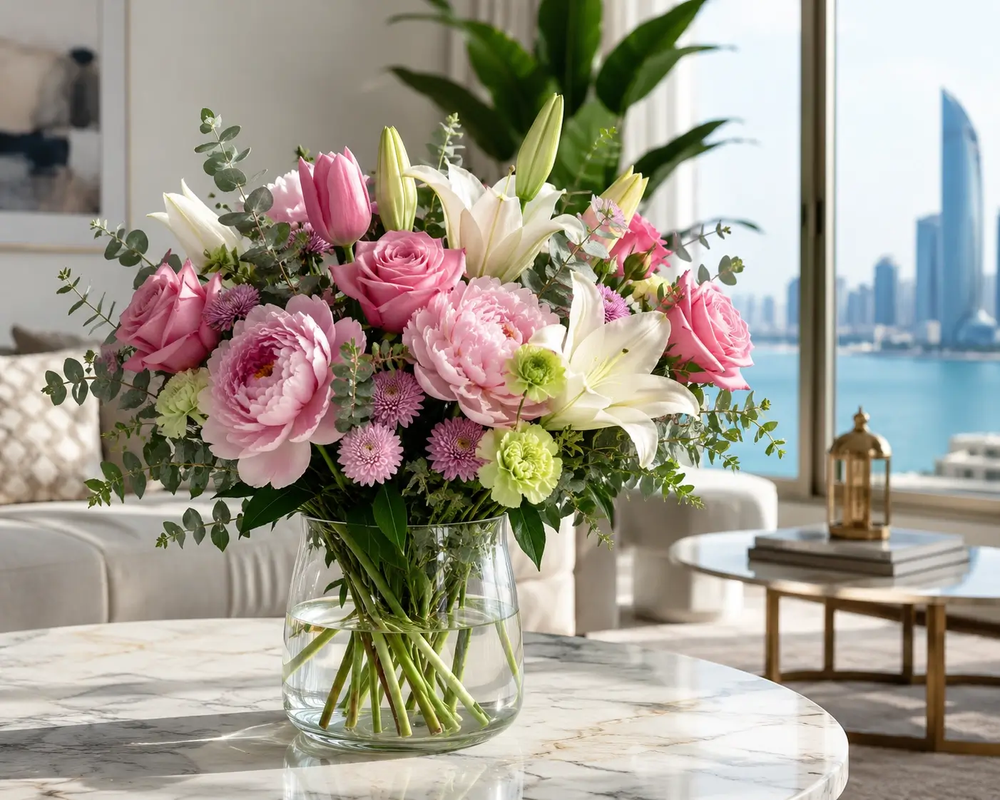 fresh mixed flower bouquet in a clear glass vase with pink peonies, roses, white lilies and tulips, displayed in a luxury Abu Dhabi home interior with waterfront skyline view, showcasing premium flower care and vase arrangement by Petal Box UAE